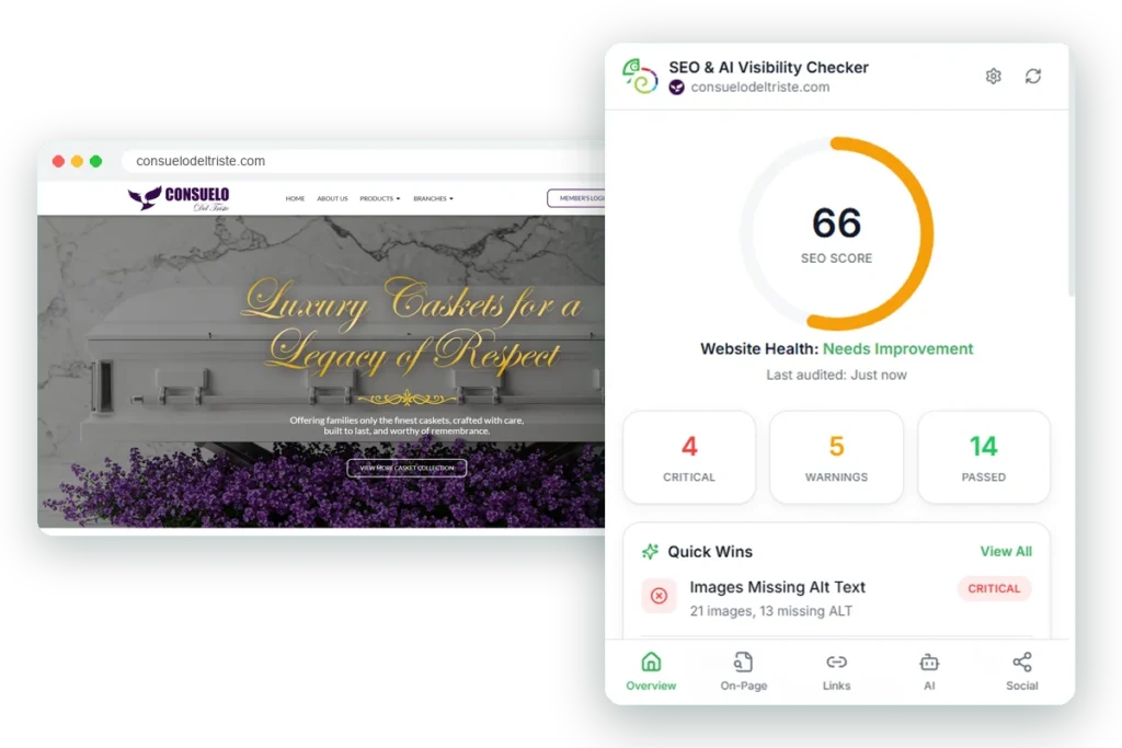 SEO & AI Visibility Checker by Modern Chameleon showing an SEO score of 66 for a website
